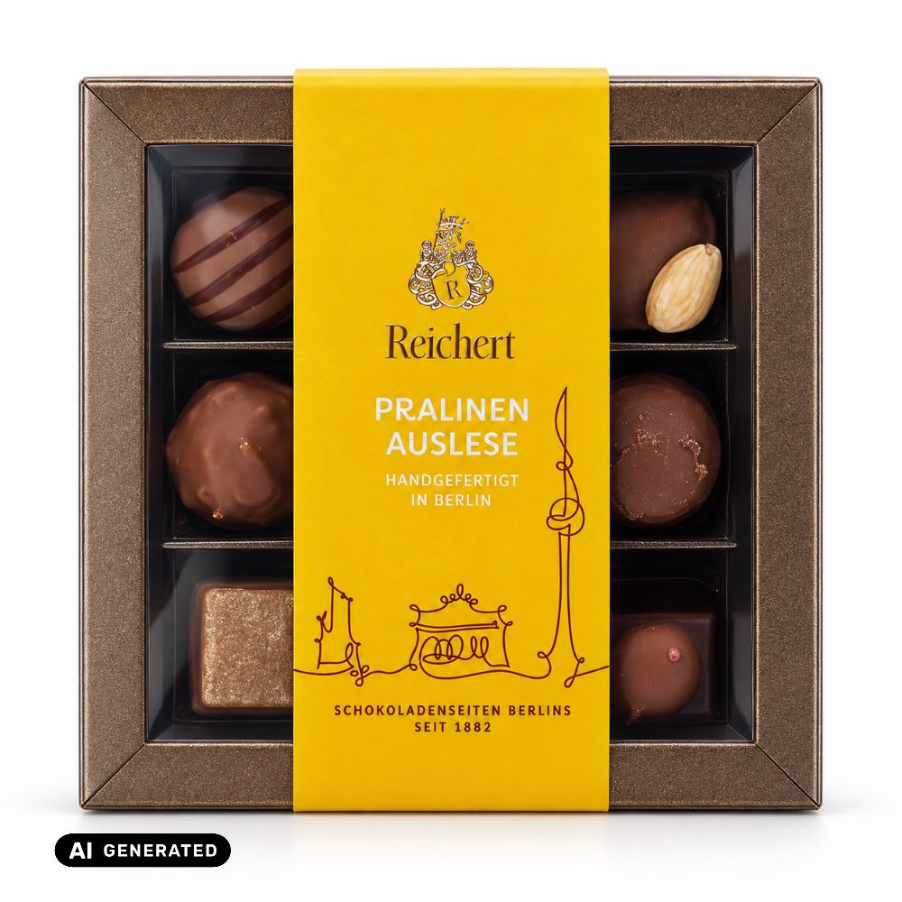 Pralinen-Geschenkbox mit gelbem Band, Schokoladenpralinen in einzelnen Fächern