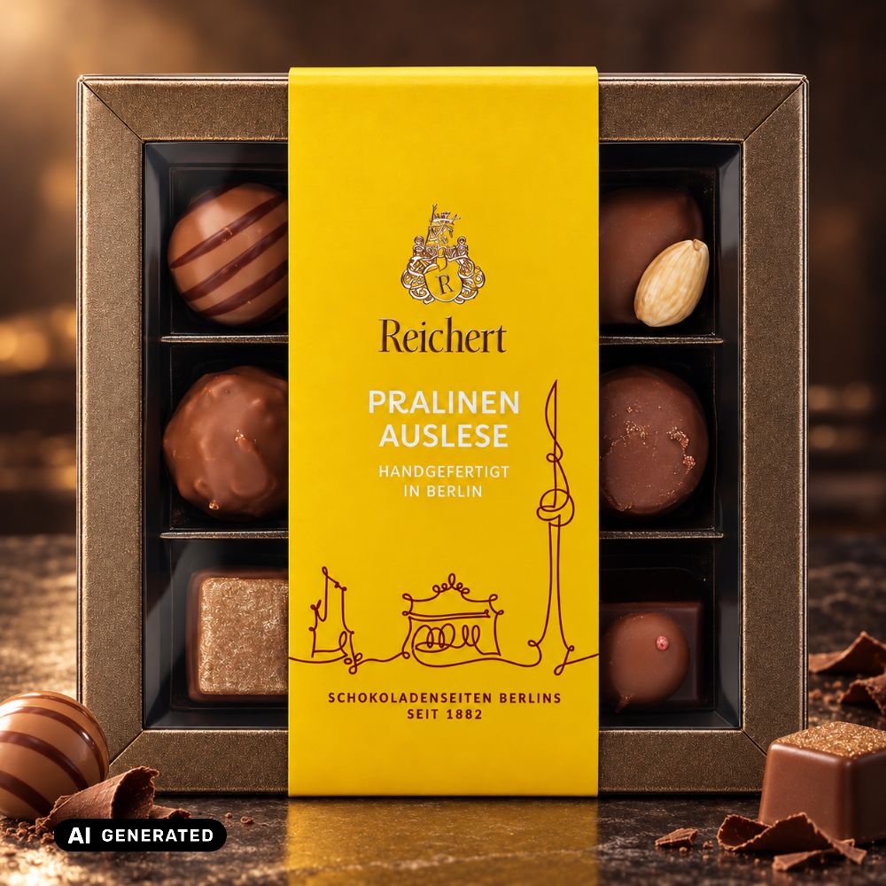 Pralinen-Geschenkbox mit gelbem Band und Schokoladenpralinen; Schokostücke am Rand