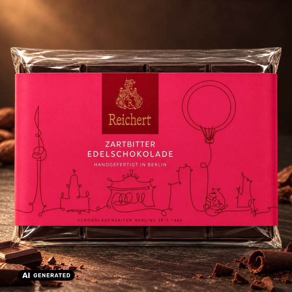 Schokoladentafel-Verpackung Reichert Zartbitter Edelschokolade, rote Packung mit Schokoladenstücken