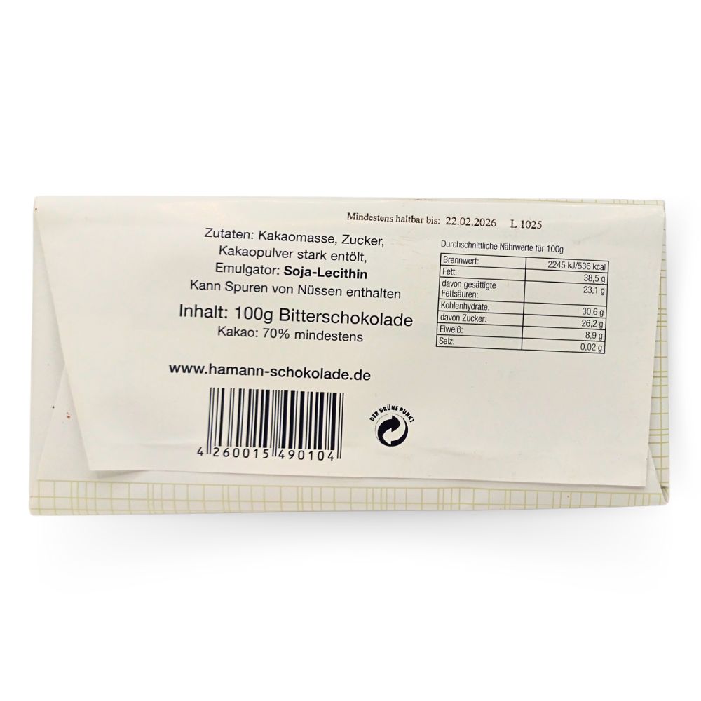Erich Hamann Tafel 100g Bitter 70% Kakao