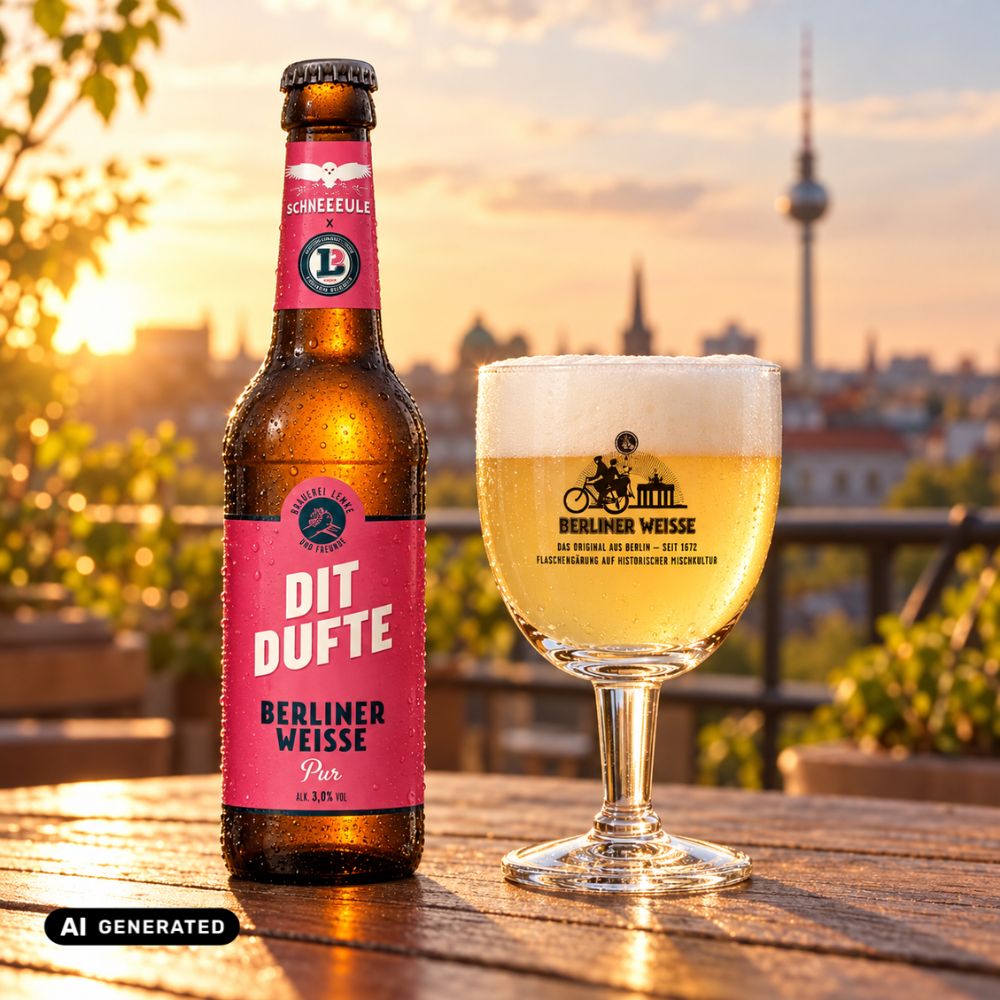 Berliner-Weisse-Flasche mit Glas, Etikett „DIT DUFTE“ und Schaumkrone.