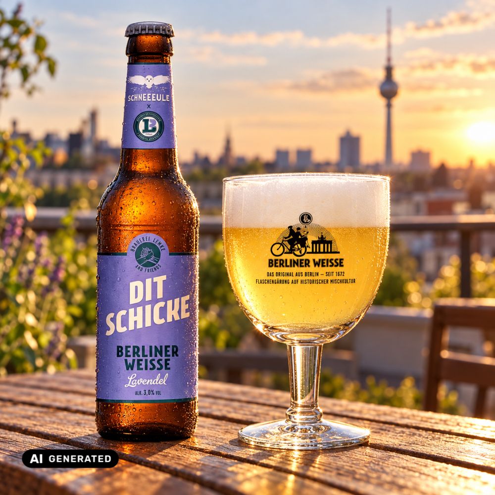 Bierflasche und Weizenglas mit goldenem Bier und Schaumkrone, Etikett „Dit Schicke“
