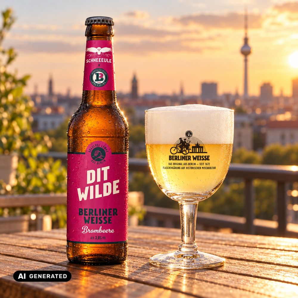 Bierflasche und Glas mit heller Berliner Weisse, Schaum; Etikett „Dit Wilde“