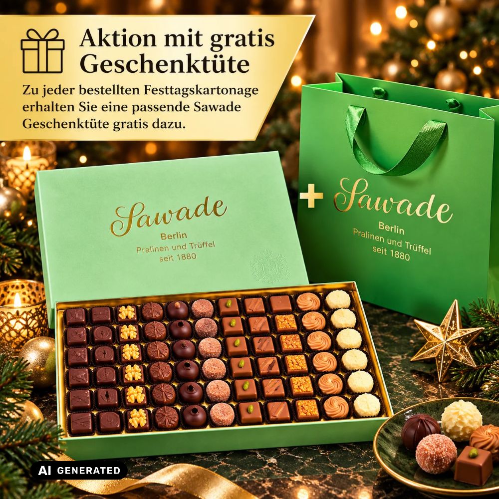 Sawade Pralinen- und Trüffel-Kartonage und grüne Geschenkbeutel, mit Schokolade-Arrangement