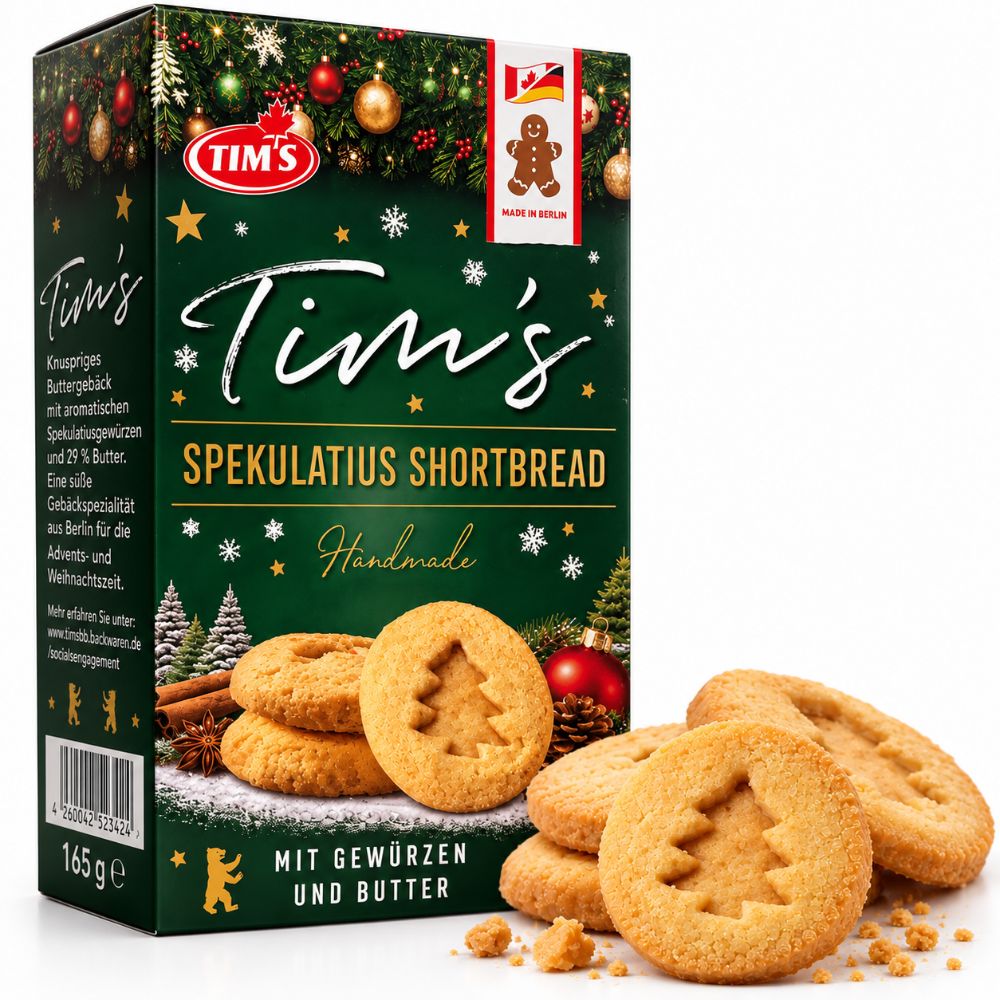 Tim’s Spekulatius-Shortbread, 165 g, mit Gewürzen und Butter; goldbraune Kekse mit Sternmotiv