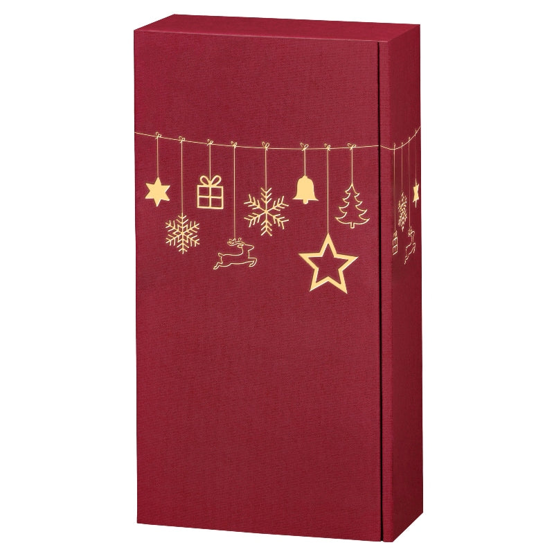 Roter Geschenkkarton für zwei Flaschen mit Weihnachtsmotiven aus Sternen und Glocken
