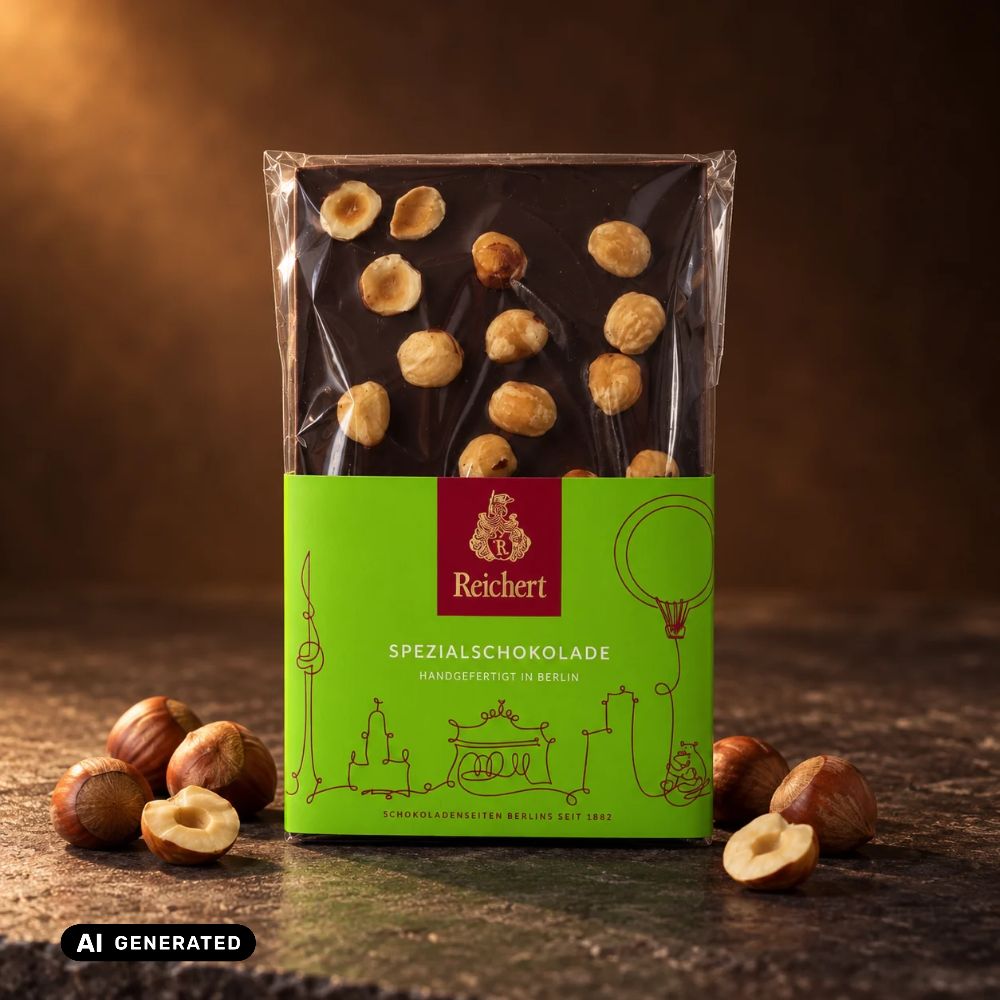 Reichert Tafel Zartbitter-Haselnuss-Schokolade in grüner Verpackung, mit Haselnüssen daneben